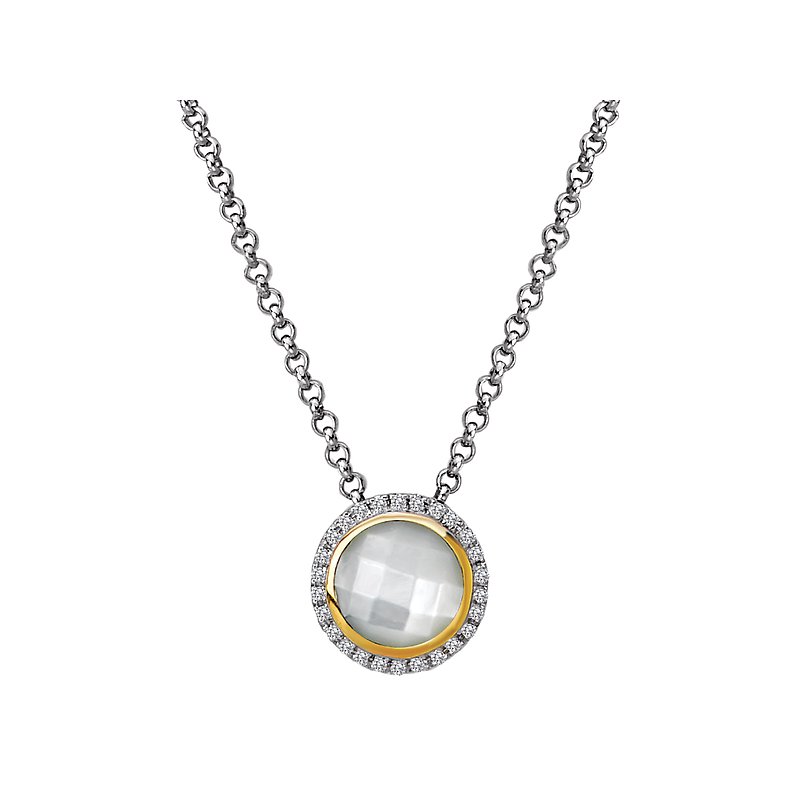 Eleganza Diamond and Mother of Pearl Halo Pendant Necklace in Two Tone Gold