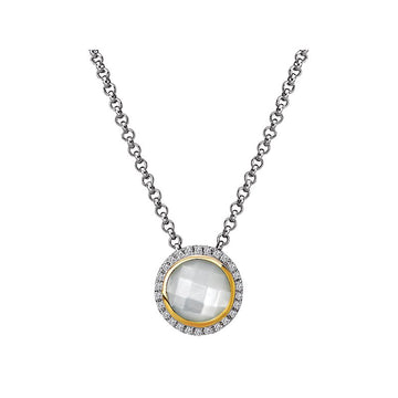 Eleganza Diamond and Mother of Pearl Halo Pendant Necklace in Two Tone Gold