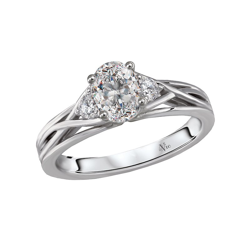 Glemera 3 Stone Semi-Mount Diamond Ring - 14K White Gold Oval 7x5mm