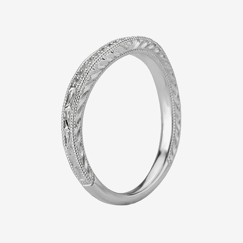 Orbelle Curved Wedding Band in 14K White Gold with Milgrain Design and Diamonds