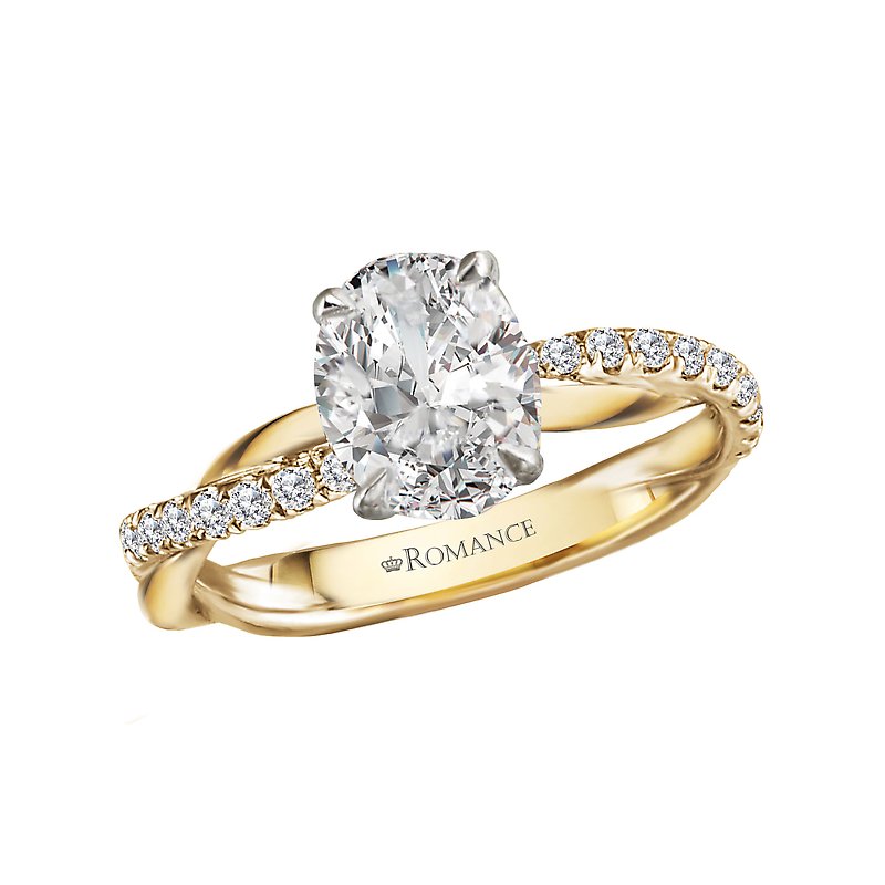Twisted 14K Yellow Gold Diamond Engagement Ring Semi-Mount for 10x7mm Oval Cut Stone