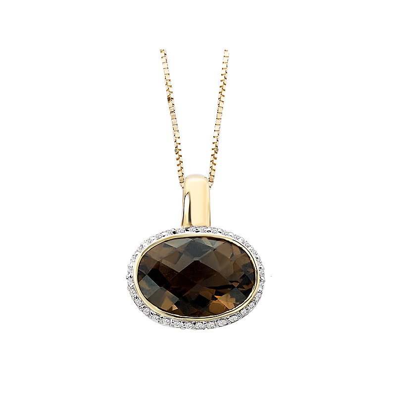 Luxora Diamond Smoky Quartz Oval Pendant in 14K White and Yellow Gold