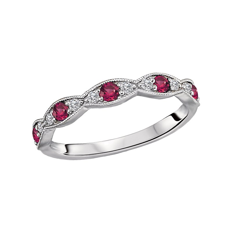 Luxora Classic 14K White Gold Ruby and Diamond Scalloped Fashion Ring