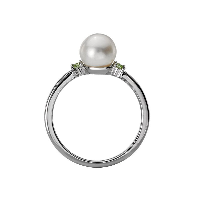 Luxora Classic 14K White Gold Freshwater Pearl Ring with Peridot Accents