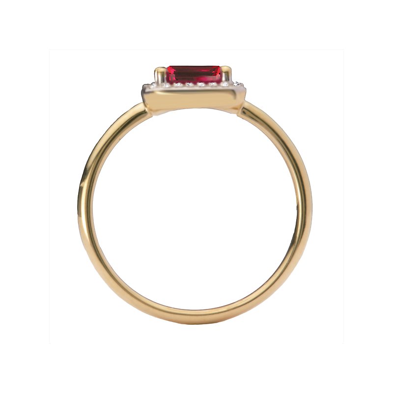 Luxora 14K Yellow Gold Halo Diamond Ruby Ring (4x6mm Emerald Cut) - Ladies Fashion Jewelry