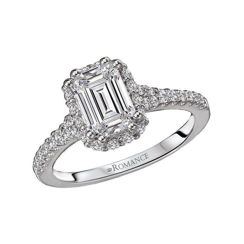 Orbelle Halo Semi-Mount Diamond Ring in 18K White Gold for 7x5mm Emerald Cut Diamond
