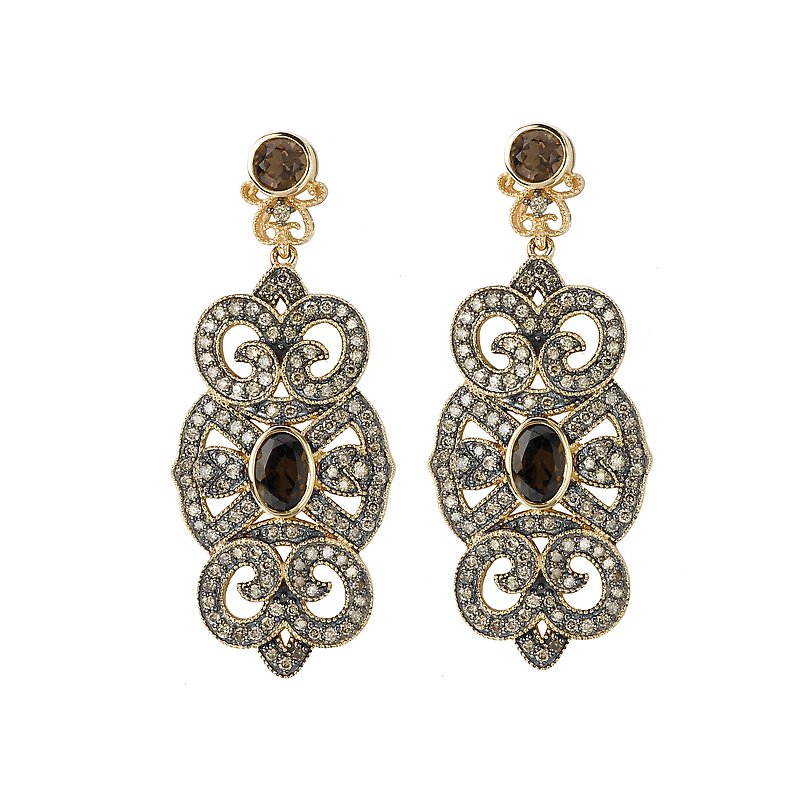 Luxora 14K Yellow Gold Swirled Cognac Diamond and Smoky Quartz Earrings