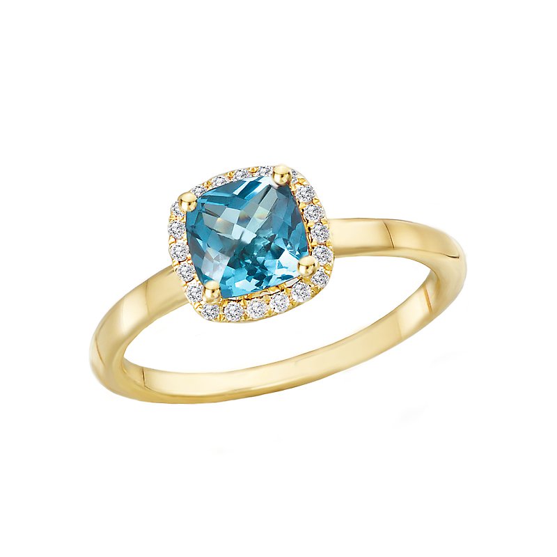Luxora 14K Yellow Gold Cushion Blue Topaz Halo Ring with Diamond Accents