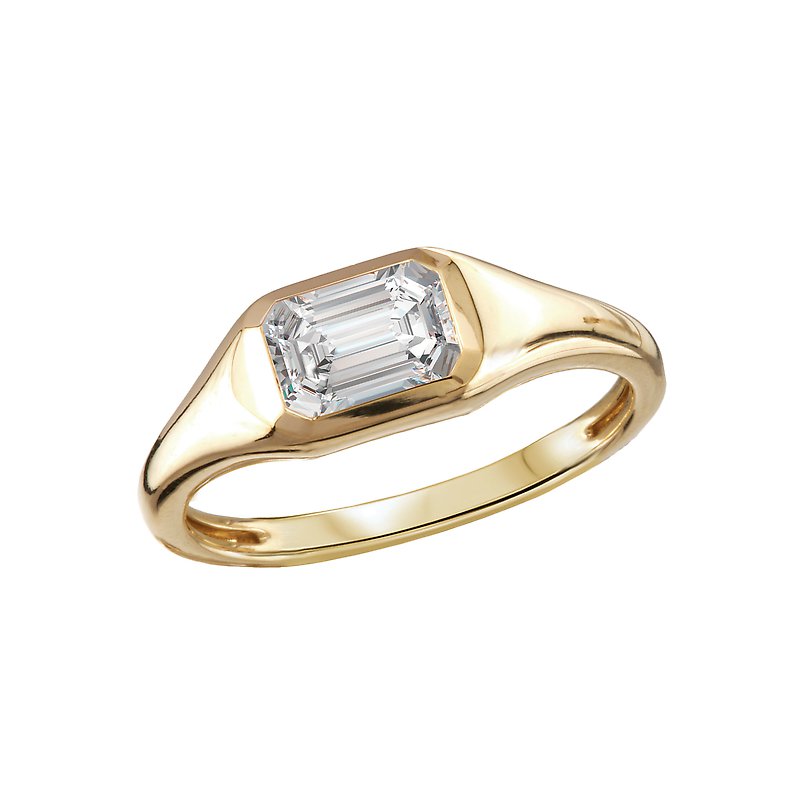 14K Yellow Gold Signet Fashion Ring with 1ctw Lab Grown Emerald Cut Diamond
