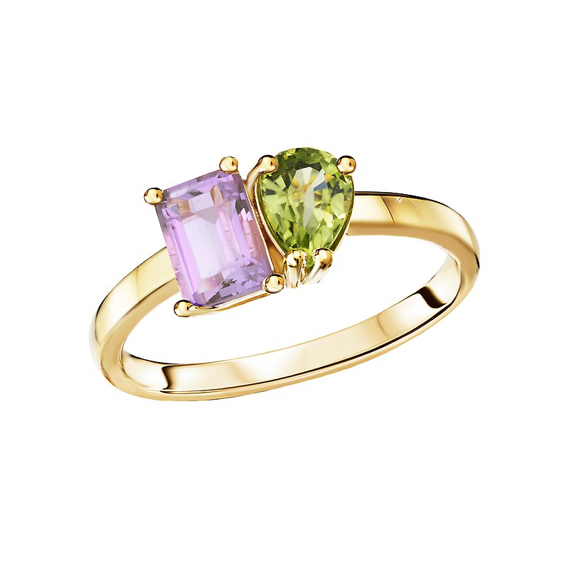 Chic 2-Stone Peridot and Pink Amethyst Ring in 14K Yellow Gold