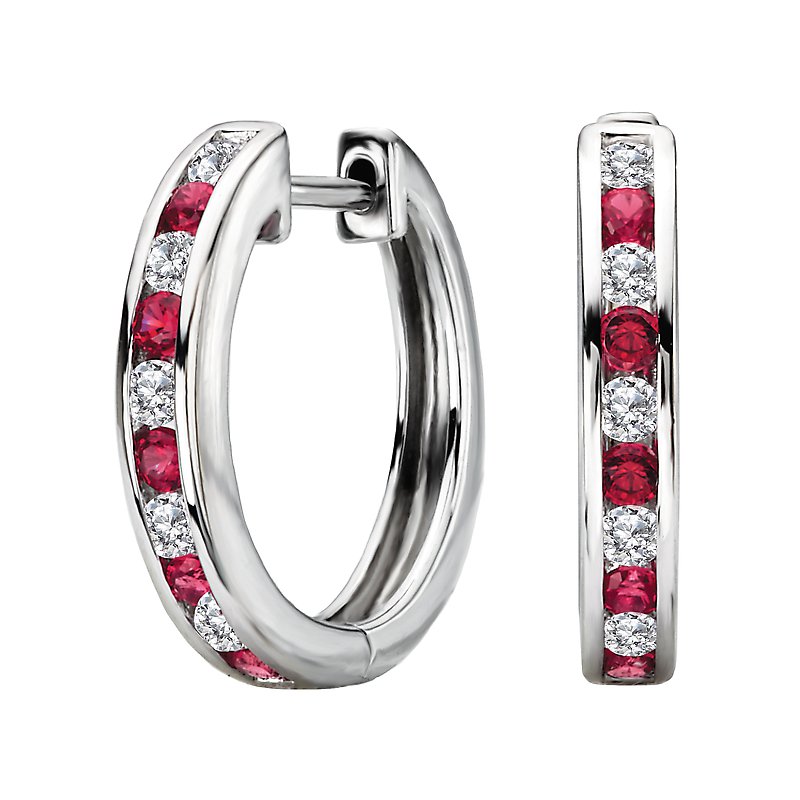 Luxora 14K White Gold Diamond and Ruby Hoop Earrings