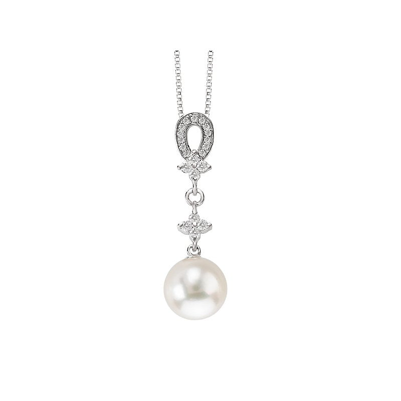 Luxora Diamond and Pearl Pendant - 14K White Gold, Freshwater Cultured Pearl, D. 1/5 carat total weight