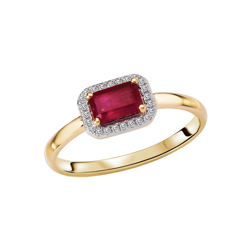 Luxora 14K Yellow Gold Halo Diamond Ruby Ring (4x6mm Emerald Cut) - Ladies Fashion Jewelry