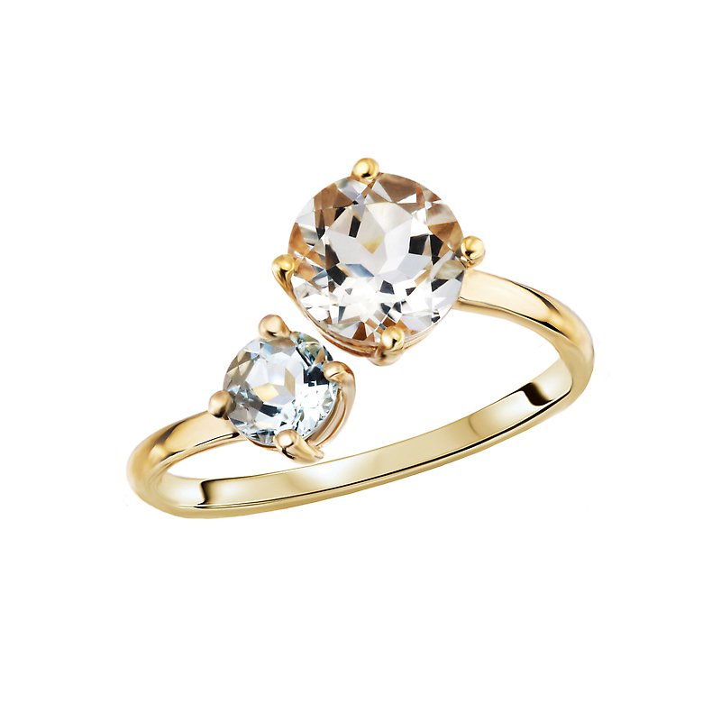 Luxora 14K Yellow Gold Ladies Fashion 3-Stone Ring with Green Amethyst and Blue Topaz