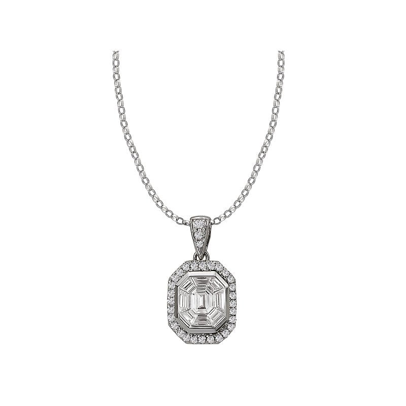Luxora 14K White Gold Baguette and Round Diamond Pendant Necklace