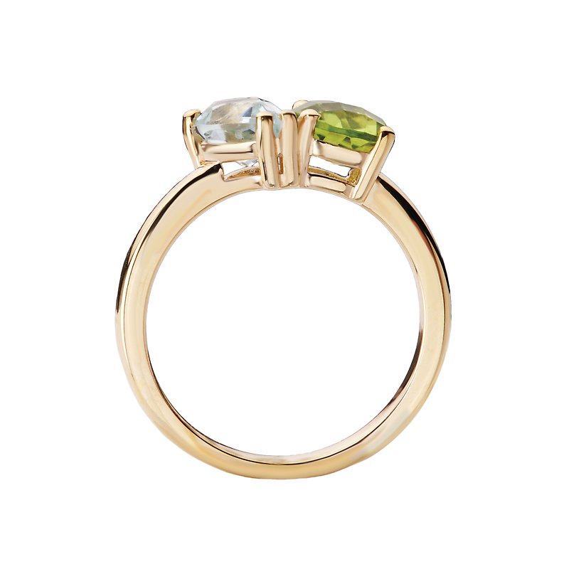 Luxora 14K Yellow Gold Ladies Fashion 3-Stone Ring with Peridot and Sky Blue Topaz