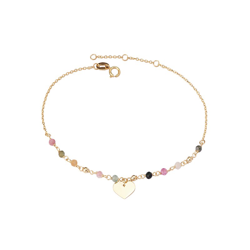 Luxora Italian 14kt Gold Heart Charm Bracelet with Multi-Colored Tourmaline Beads