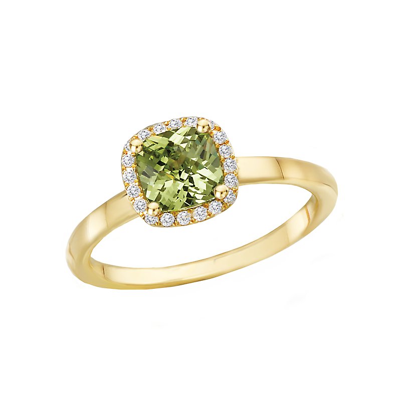 Luxora 14K Yellow Gold Cushion Peridot Gemstone Halo Ring with Diamonds