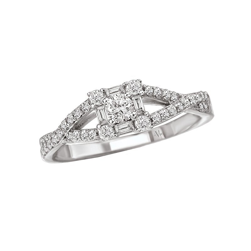 Glemera Petite Halo Diamond Ring in 14K White Gold with Criss-Cross Split Shank and Baguette Accent Stones