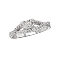Glemera Petite Halo Diamond Ring in 14K White Gold with Criss-Cross Split Shank and Baguette Accent Stones