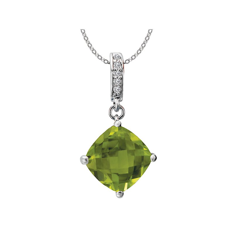 Luxora 14K White Gold Cushion Peridot Gemstone Pendant with Round Diamonds