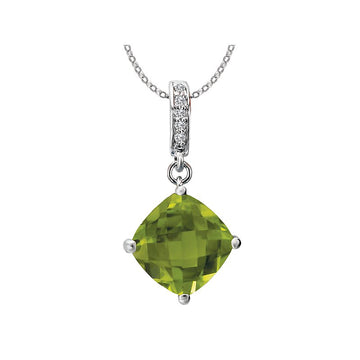 Luxora 14K White Gold Cushion Peridot Gemstone Pendant with Round Diamonds