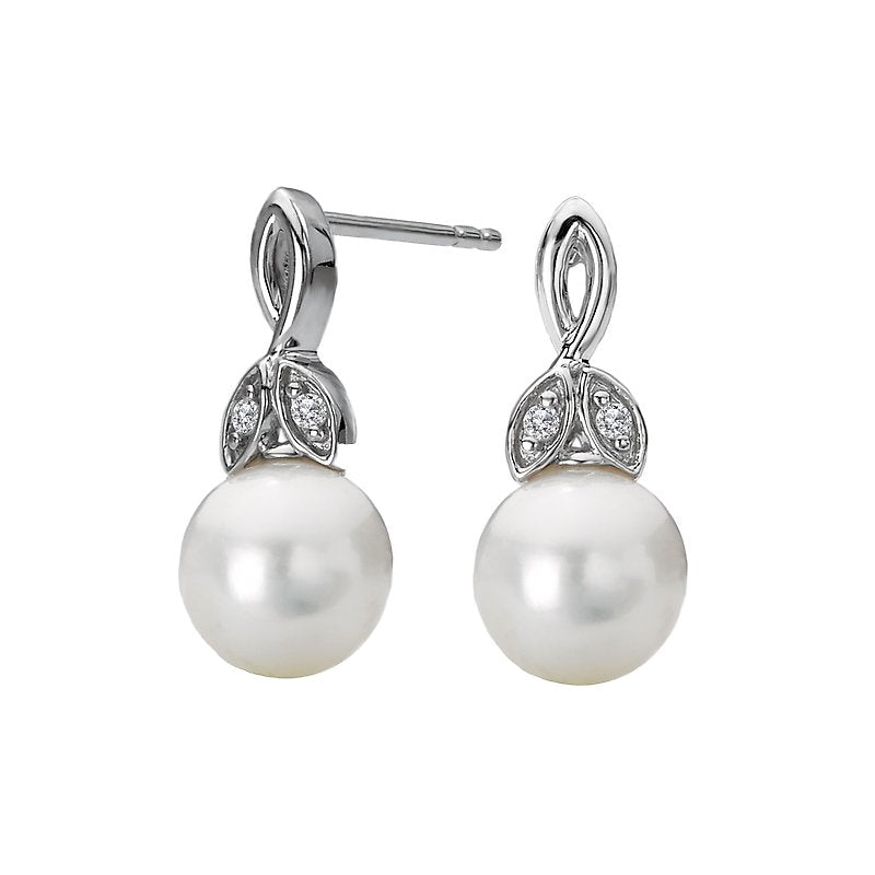 Luxora White Gold Diamond and Pearl Leaf Earrings