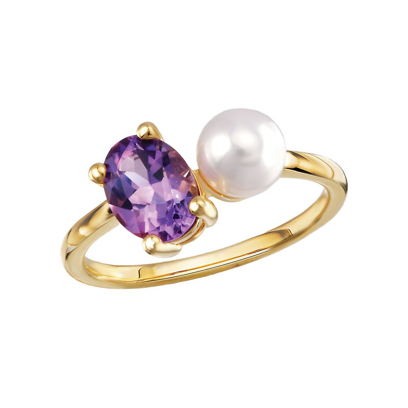 Luxora 14K Yellow Gold Ladies Fashion Ring with Oval Amethyst and Round Pearl