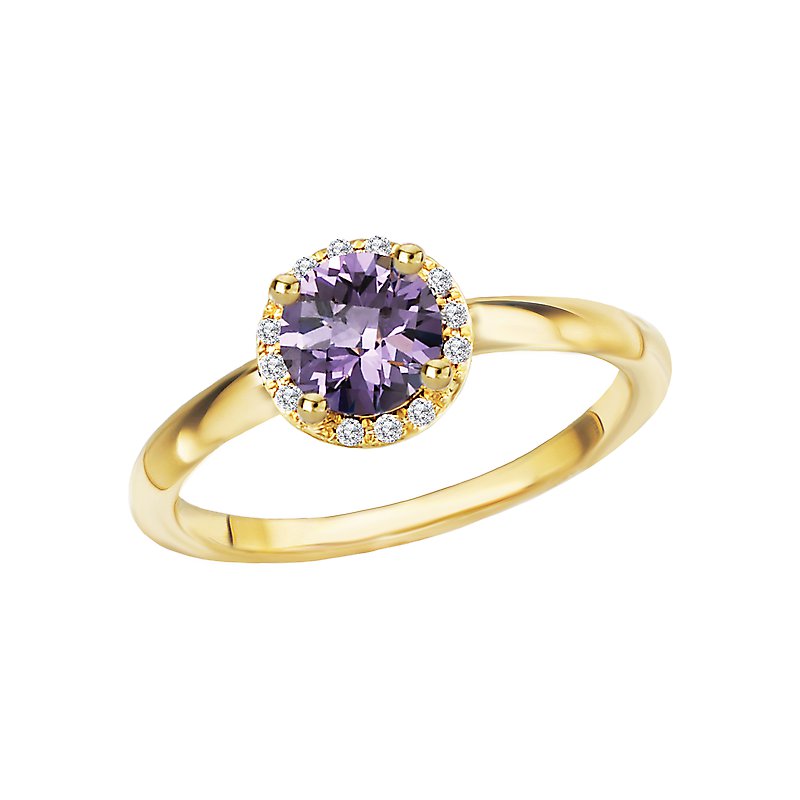 Luxora Ladies Fashion Halo Amethyst and Diamond Ring in 14K Yellow Gold