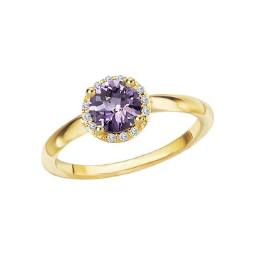Luxora Ladies Fashion Halo Amethyst and Diamond Ring in 14K Yellow Gold
