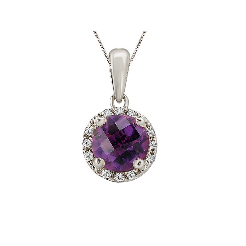 Luxora Amethyst and Diamond Halo Pendant in 14K White Gold