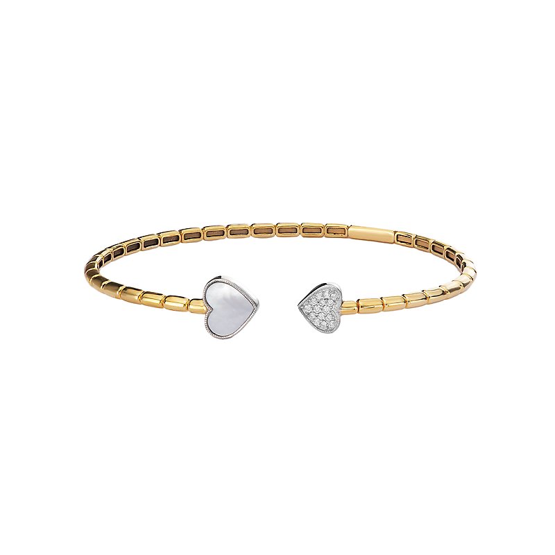 Luxora Pearl and Diamond Cuff Bracelet - 14kt Yellow Gold Heart-Shaped Bangle
