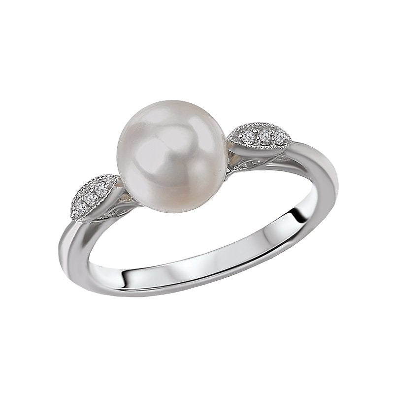 Luxora 14K White Gold Ladies Fashion Pearl Ring with Diamond Accents