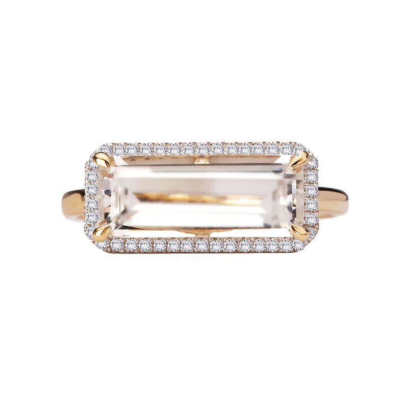 Luxora 14K Yellow Gold Ladies Fashion Halo Ring with Diamond and White Topaz