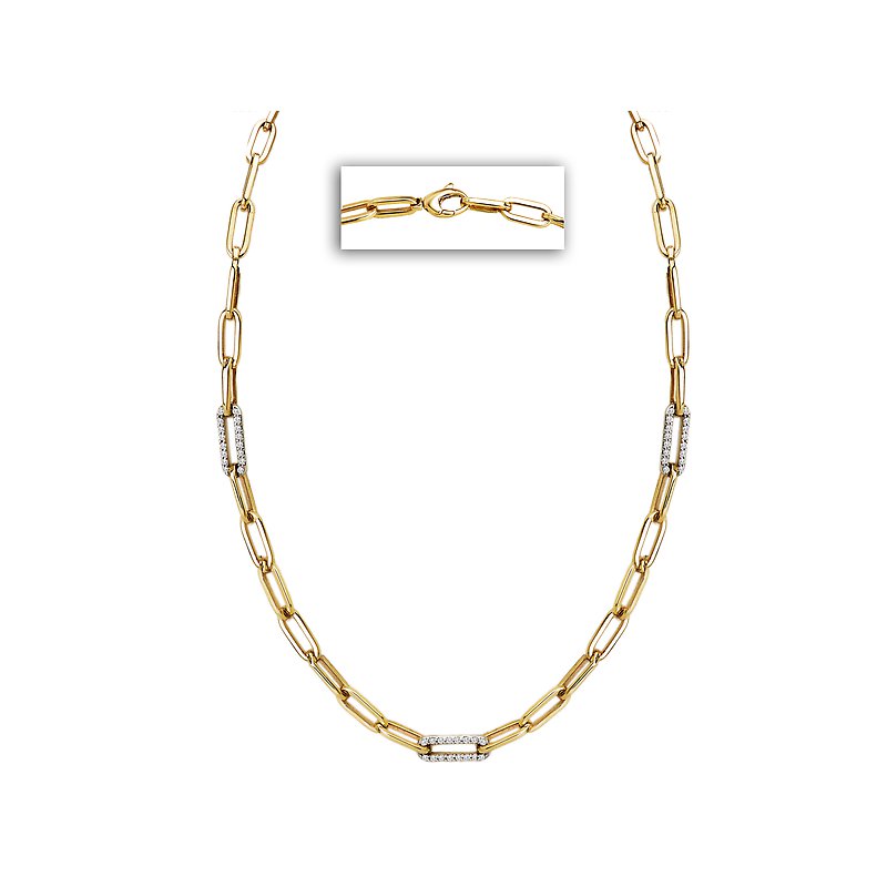 14kt Yellow Gold Italian Paperclip Style Necklace with White Diamond Links
