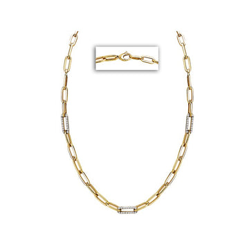 14kt Yellow Gold Italian Paperclip Style Necklace with White Diamond Links