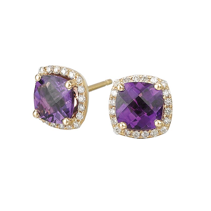 Luxora Amethyst and Diamond Halo Earrings in 14K Yellow Gold