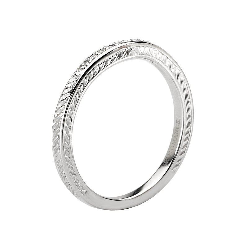 Orbelle Curved 18K White Gold Wedding Band with Engraved Details and Diamonds