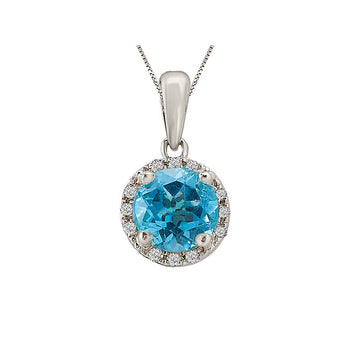 Luxora Blue Topaz and Diamond Halo Pendant in 14K White Gold