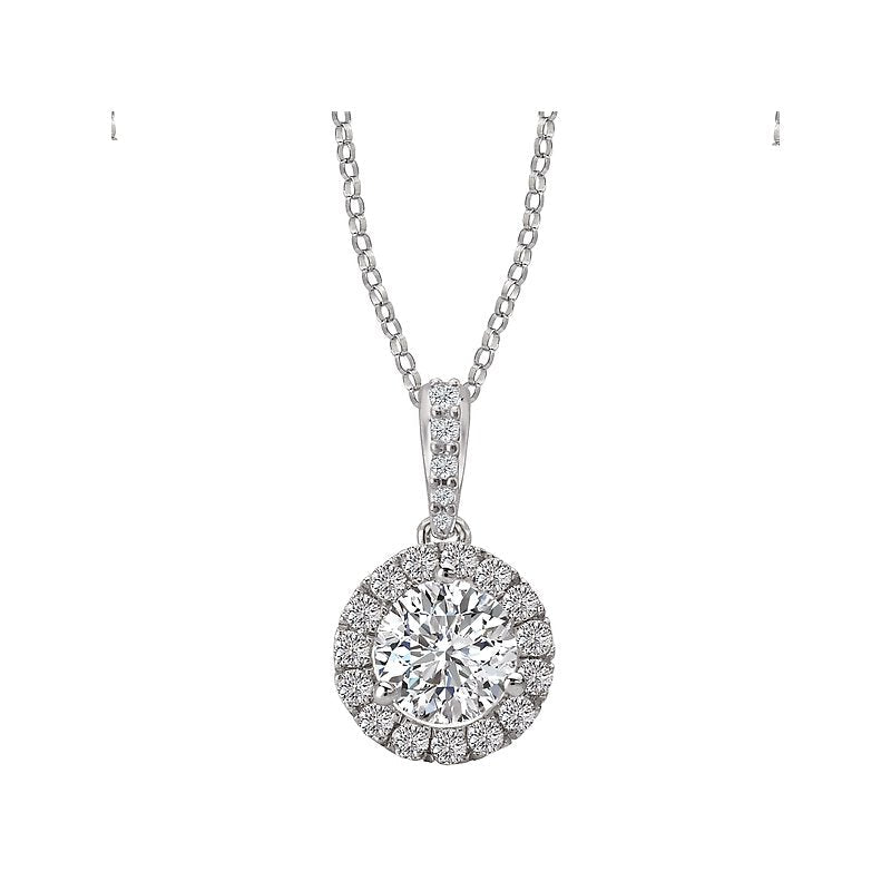 Luxora Ladies Diamond Halo Necklace | 14K White Gold Round Center Stone