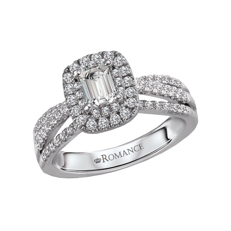 Orbelle Petite 14K White Gold Halo Diamond Engagement Ring with Emerald Center